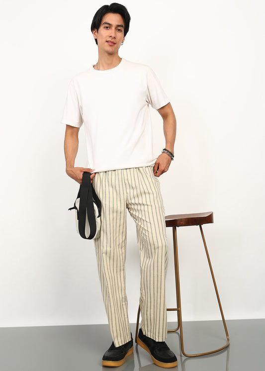Fabmade Beige Stripe Linen Trousers
