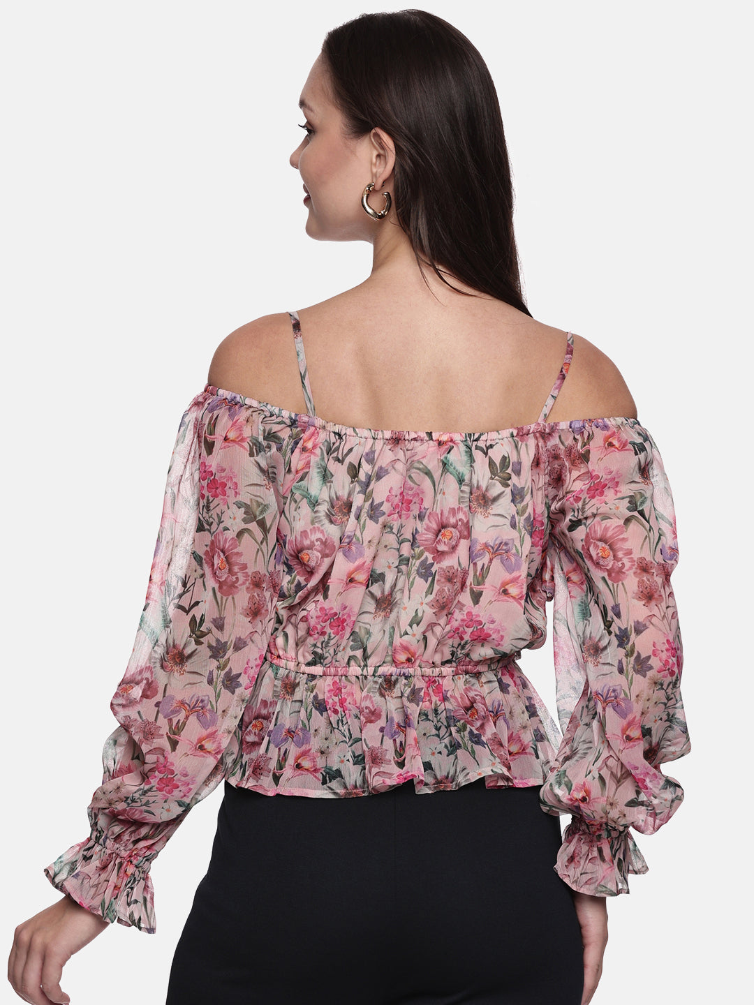IS.U Floral Multicolor Gathered Cold Shoulder Top