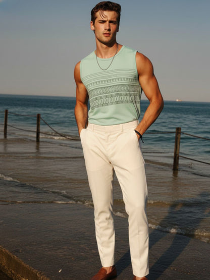 Men Graphic Print Cotton Sleeveless Round Neck Mint Color T-Shirt
