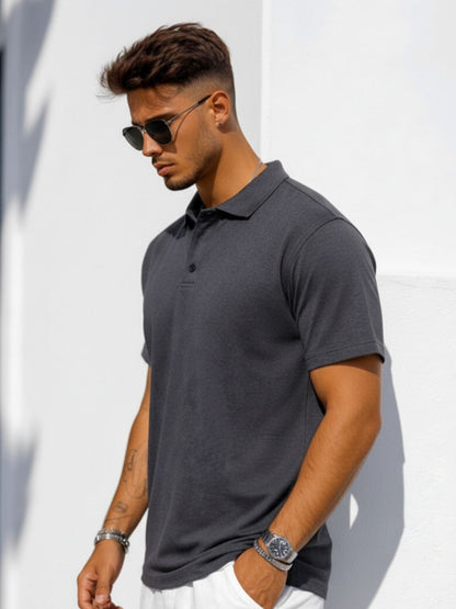 Men Solid Charcoal Grey Cotton Polo Collar Half Sleeve Regular Fit T-Shirt