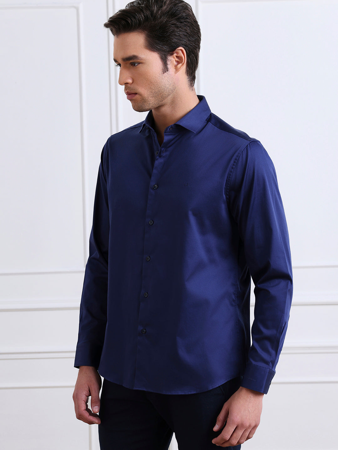 Navy Blue Regular Fit Solid Casual Satin Shirt for Men (BENITO)
