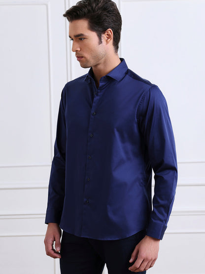 Navy Blue Regular Fit Solid Casual Satin Shirt for Men (BENITO)