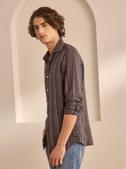 Brown Slim Fit Striped Casual Linen Shirt for Men