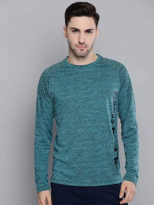 Alcis Men Teal Blue Solid Round Neck Training T-shirt with Printed Back