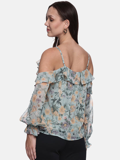 IS.U Floral Green Cold Shoulder Top