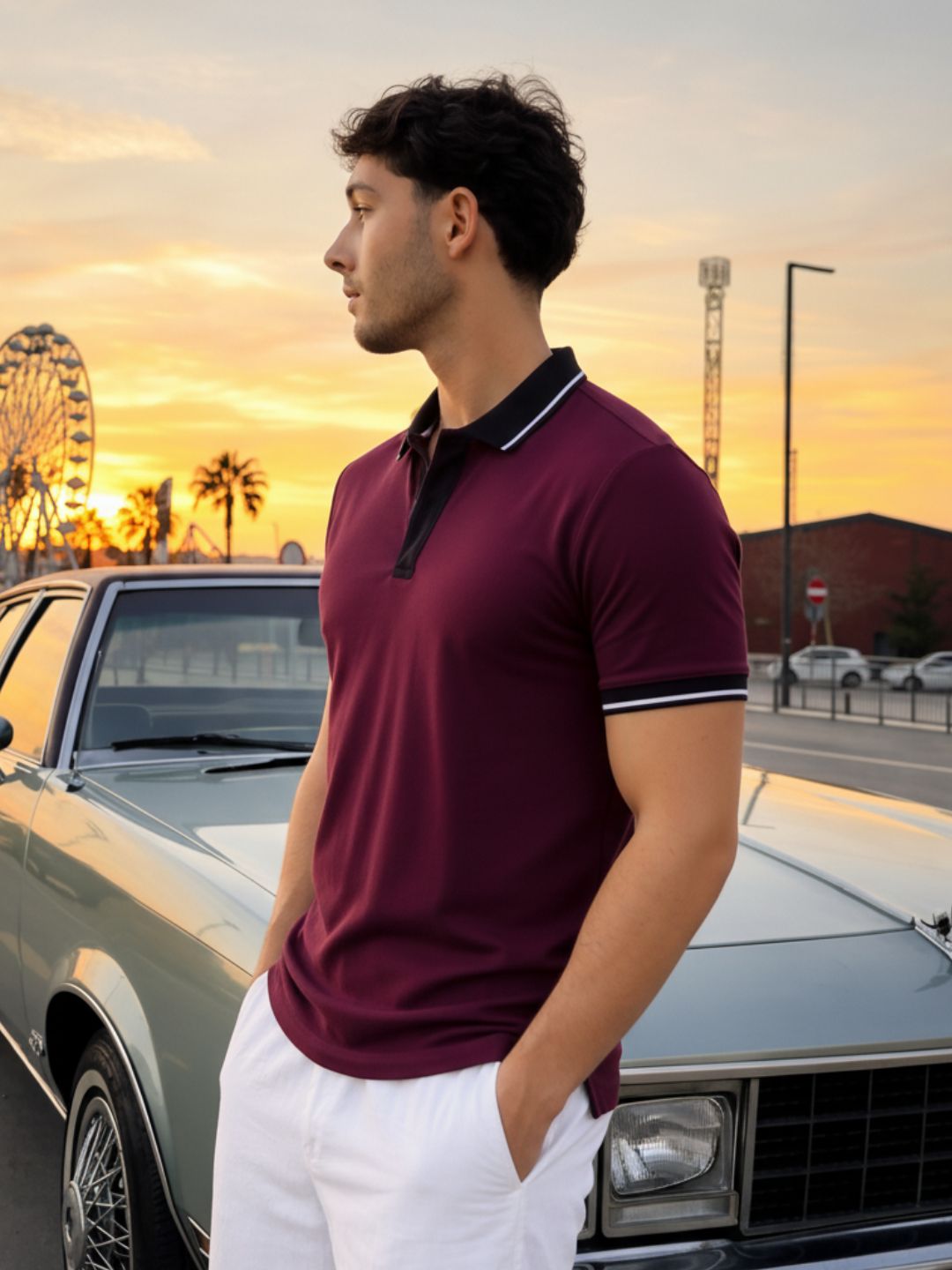 Men Solid Wine Tipping Collar Regular Fit Half Sleeve Cotton T-Shirt