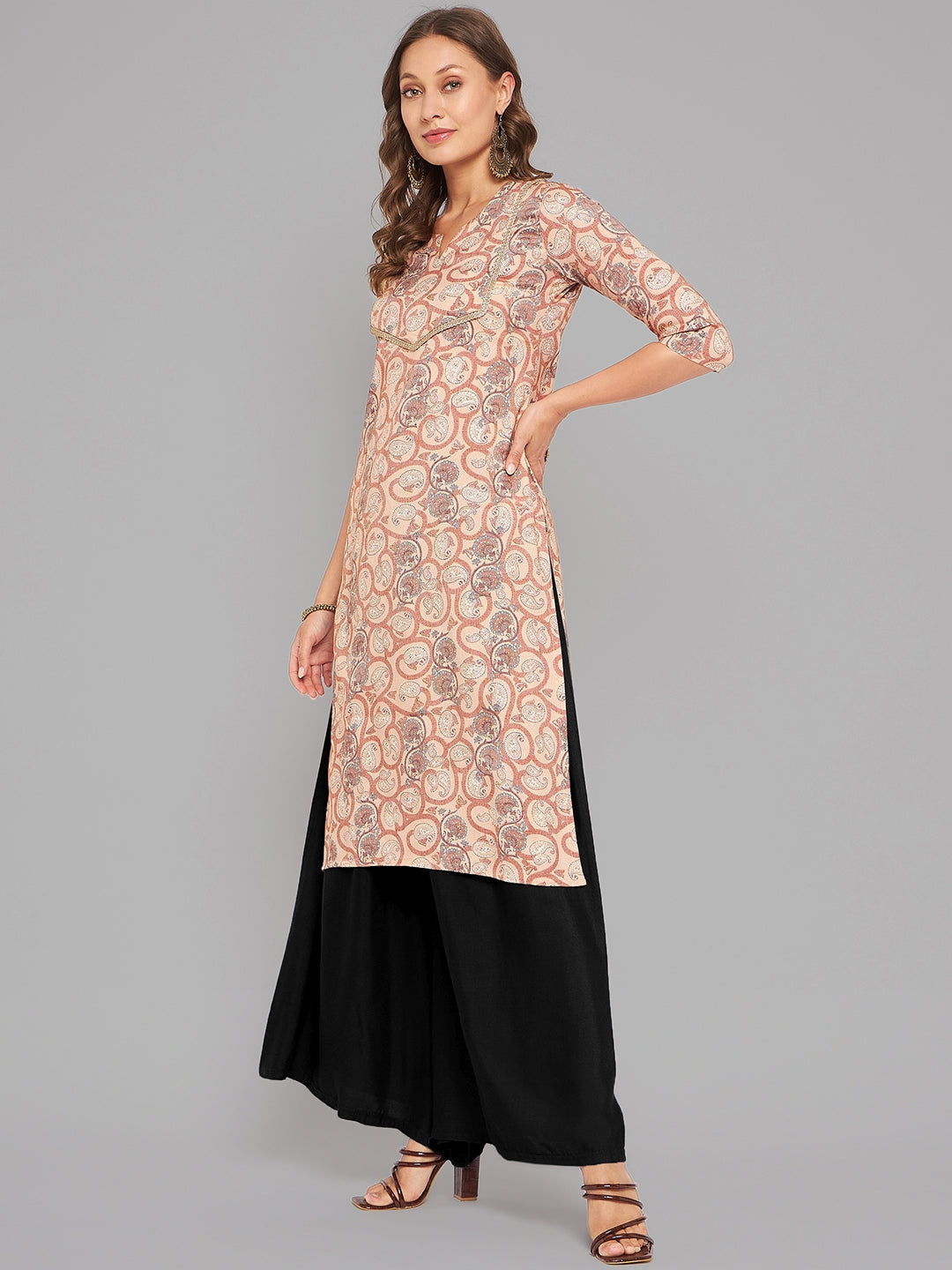 Women Brown Printed Straight Kurta Krya