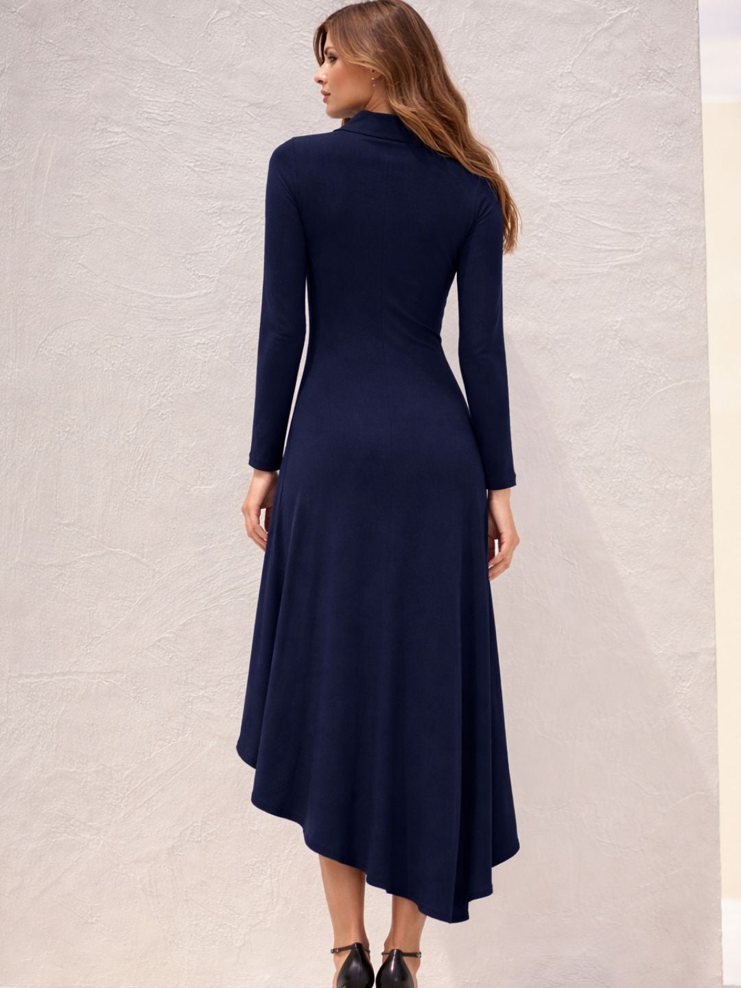 Women Navy Blue High-Low Hem Cotton Mock Neck Long Sleeves A-Line Midi Dress