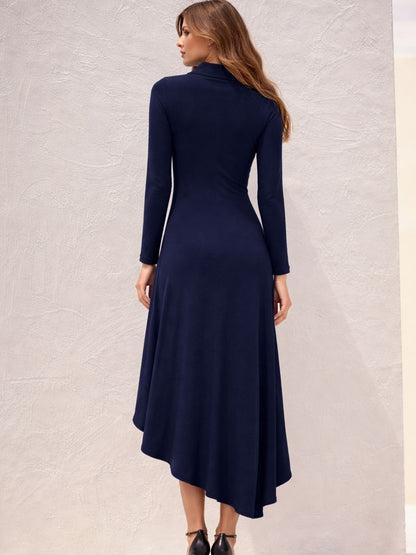 Women Navy Blue High-Low Hem Cotton Mock Neck Long Sleeves A-Line Midi Dress