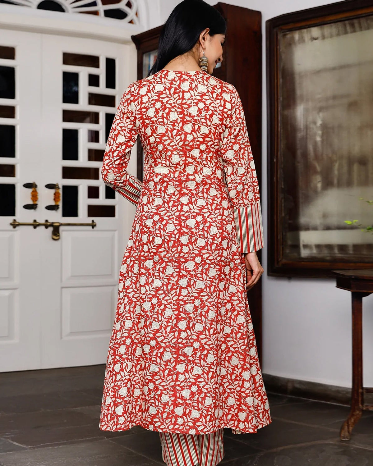 Red Flower Print Kurta Set