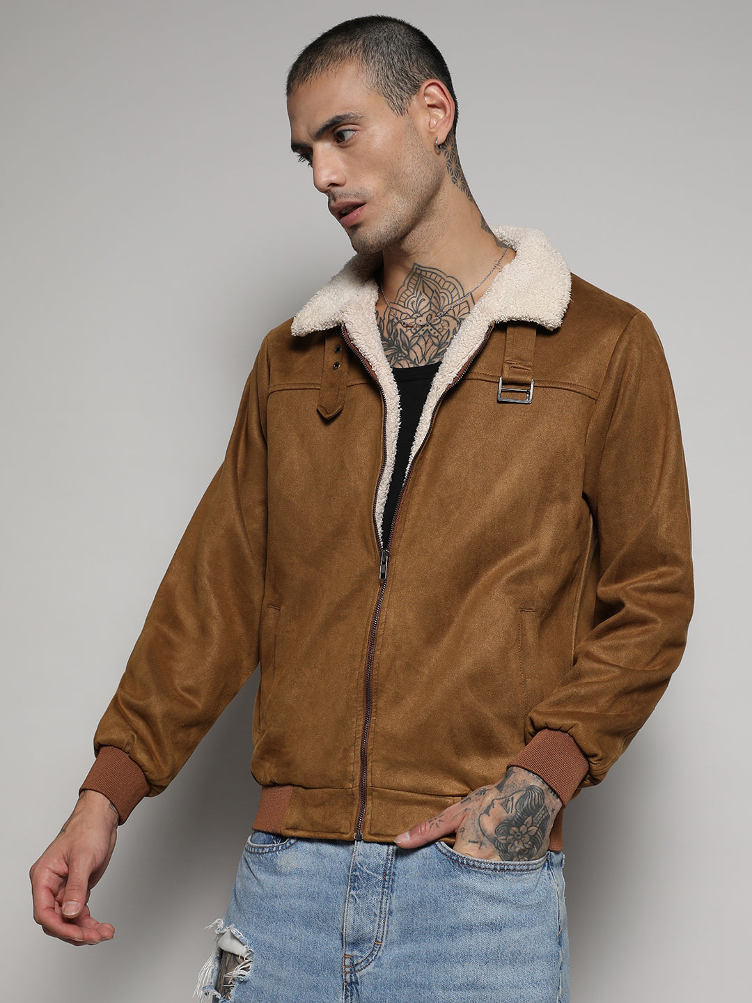 Fur-Lined Suede Bomber Jacket
