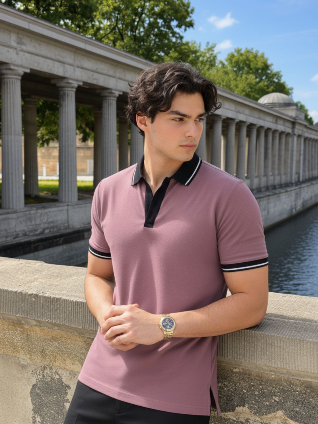 Men Solid Mauve Tipping Collar Regular Fit Half Sleeve Cotton T-Shirt