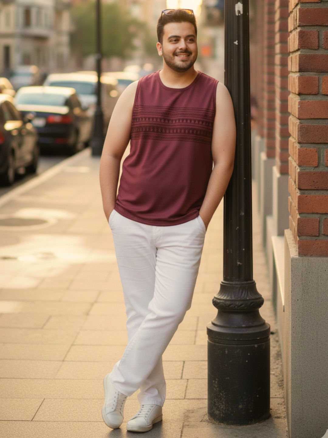 Men Cotton Sleeveless Maroon Melange Printed Round Neck GYM T-Shirt