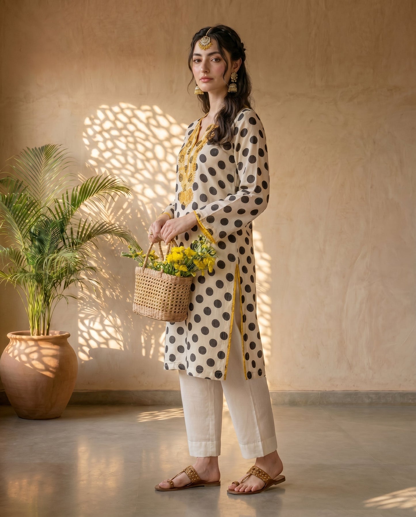 Off-White Polka Embroidered Kurta Set