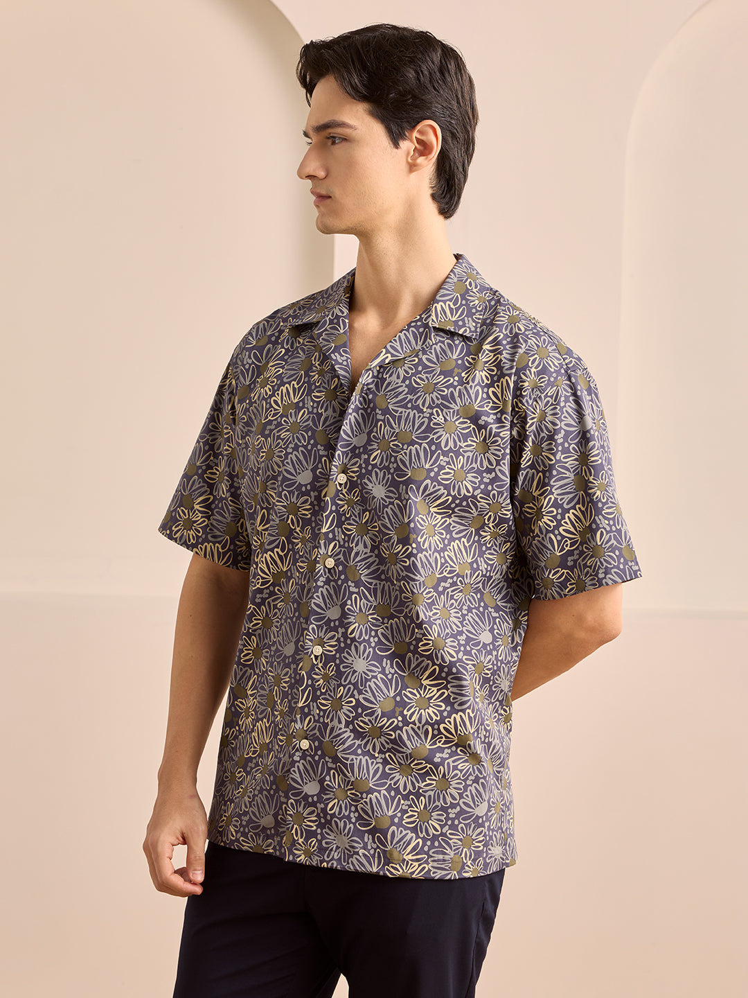 Navy Blue Regular Fit Printed Casual Cotton Shirt for Men (LUMAS)