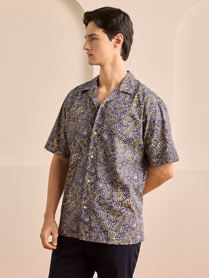 Navy Blue Regular Fit Printed Casual Cotton Shirt for Men (LUMAS)