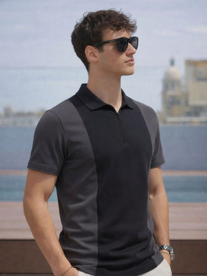 Men Black Polo Collar Colourblocked Cotton Half Sleeve Zipper T-shirt
