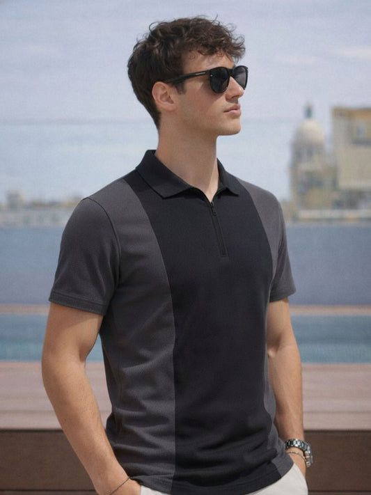 Men Black Polo Collar Colourblocked Cotton Half Sleeve Zipper T-shirt