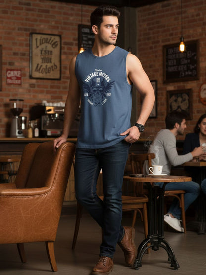 Men Regular Fit Blue Sports Graphic Printed Cotton Sleeveless Dry move T-Shirt