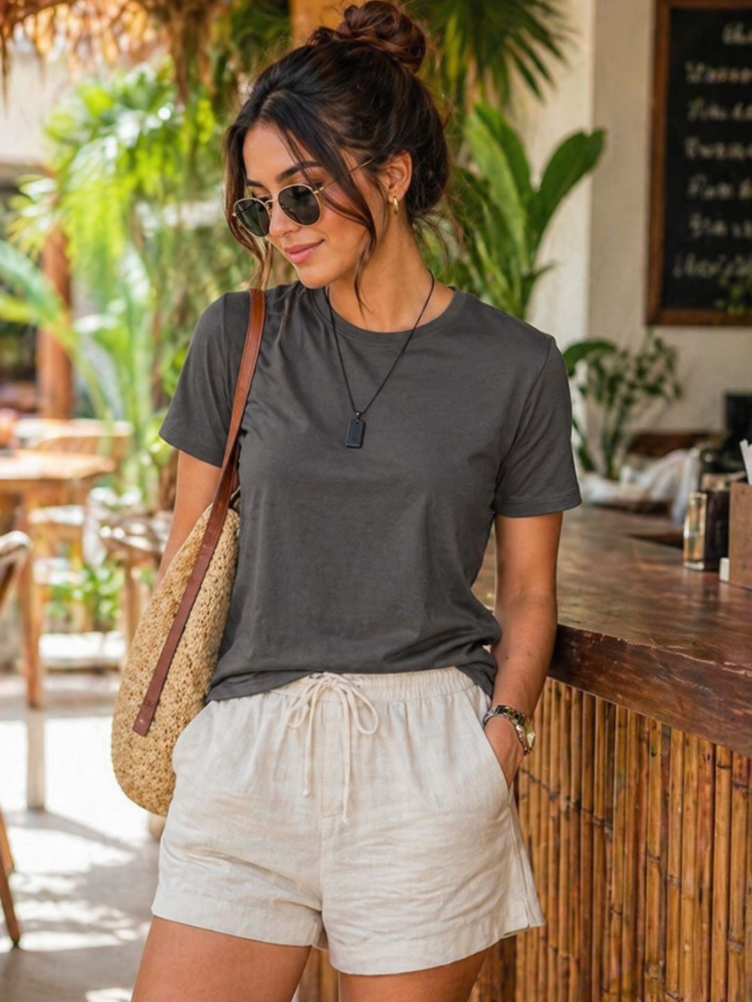 Womens Pack of 2 Black And Dark Grey Solid Cotton Round Neck Regular Fit T-Shirt