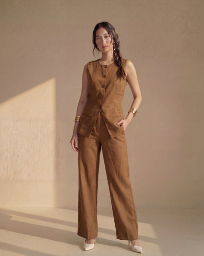 Brown Vest Linen Co-ord Set
