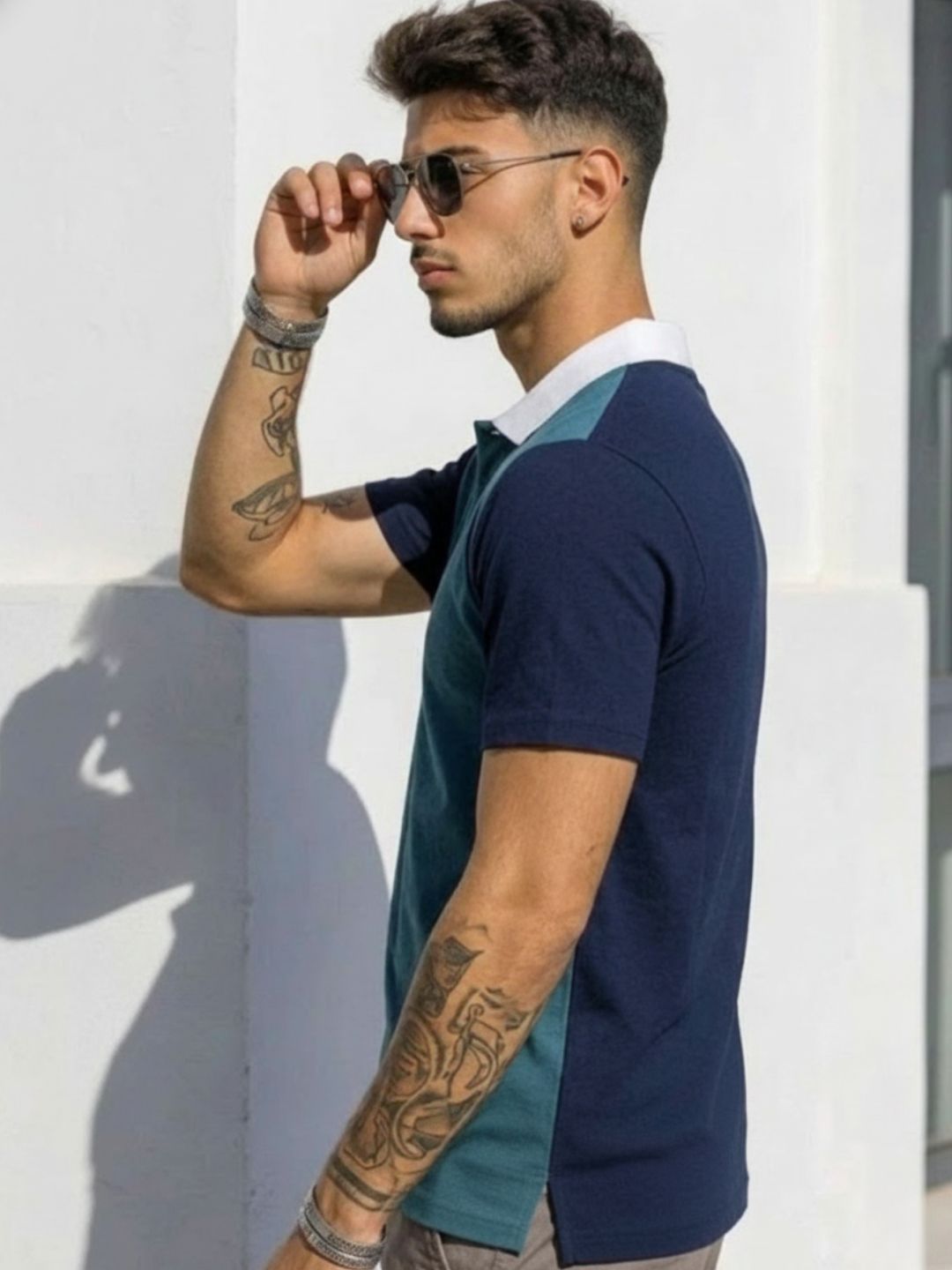 Men Colourblock Teal Blue Polo Neck Half Sleeve Cotton T-Shirt