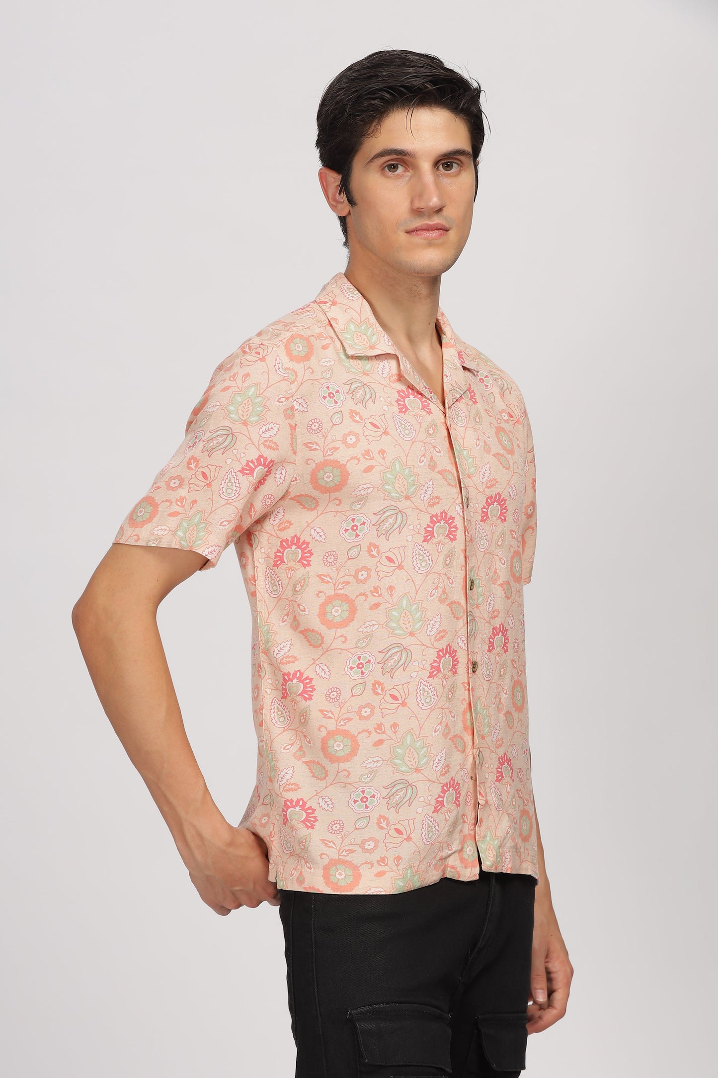 Uri Peach Printed Cuban Collar Shirt
