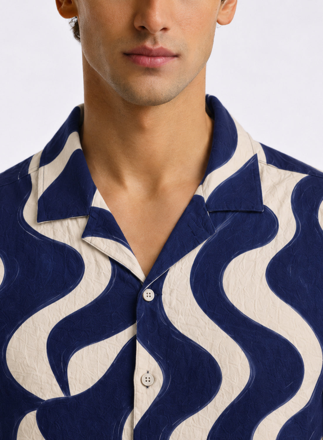 Adro Indigo Wave Relaxed Fit Cuban Collar Cotton Nylon Printed Shirt