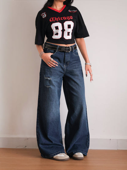 Deep Ocean Blue Ripped Ultra Wide Leg Jeansâ€¨â€¨