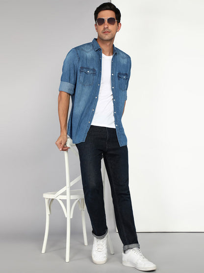 Kuons Avenue Men's Stonewash Blue Denim Casual Shirt