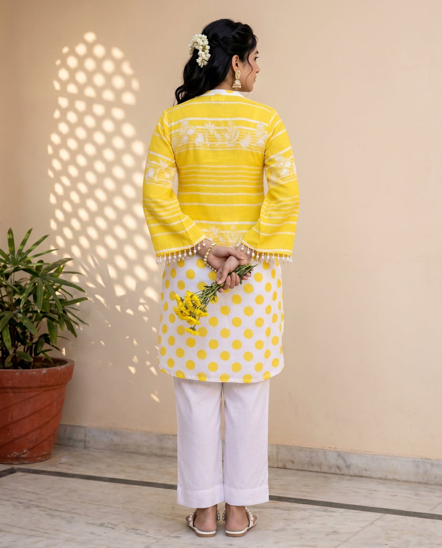 Yellow Stripe & Polka Kurta Set