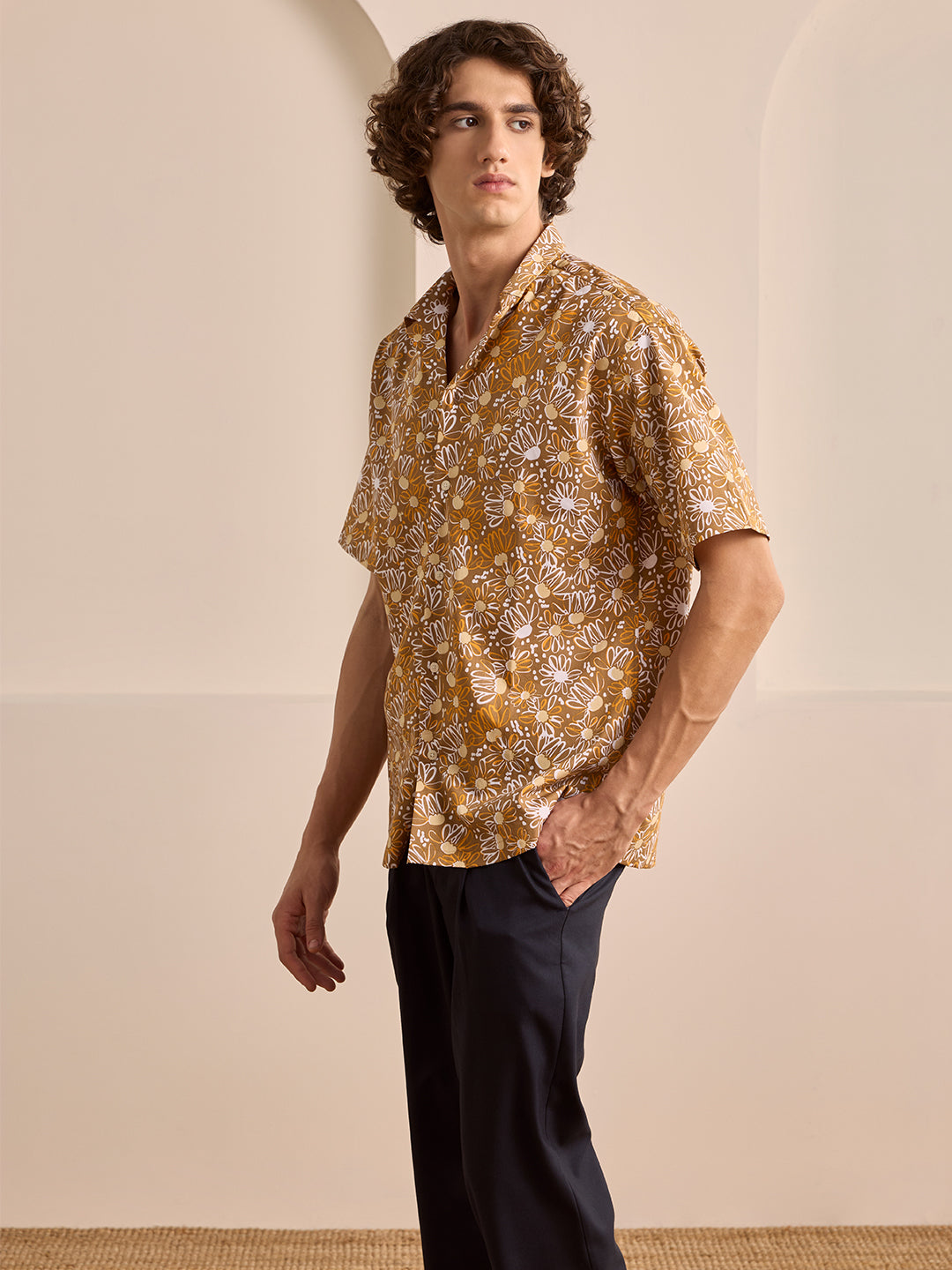 Beige Regular Fit Printed Casual Cotton Shirt for Men (LUNAX)