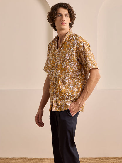 Beige Regular Fit Printed Casual Cotton Shirt for Men (LUNAX)
