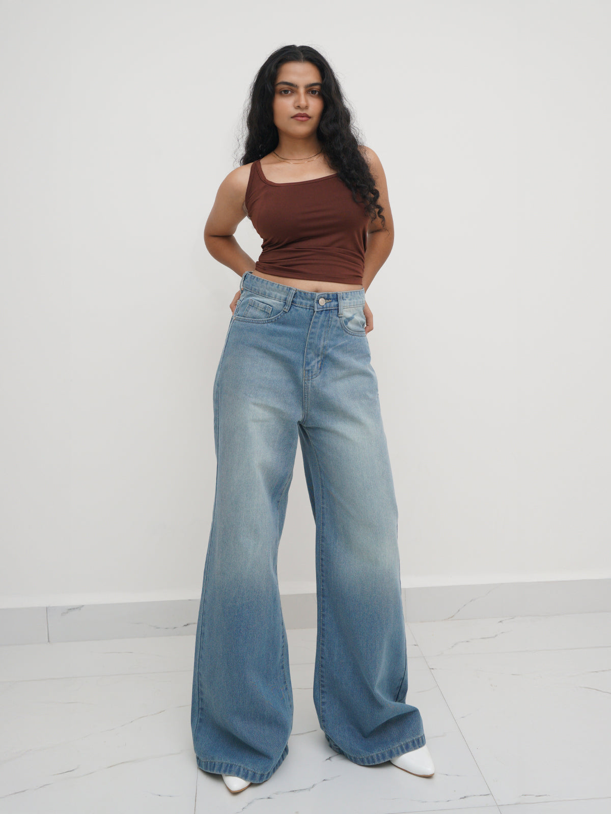 Faded Blue Washed Ultra Wide Leg Jeans