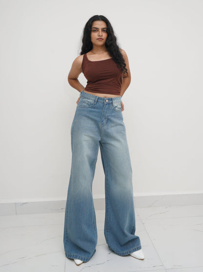 Faded Blue Washed Ultra Wide Leg Jeans