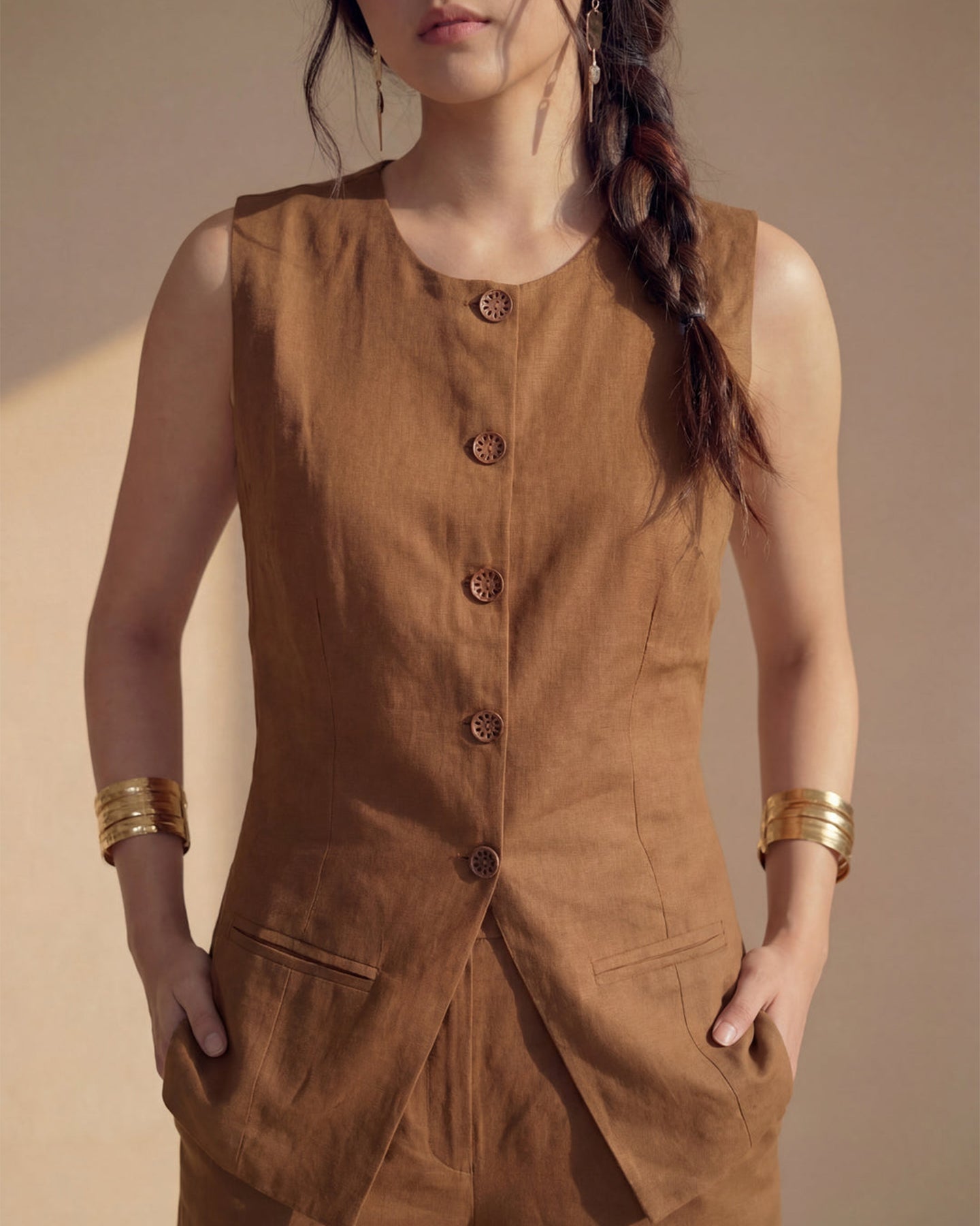 Brown Vest Linen Co-ord Set
