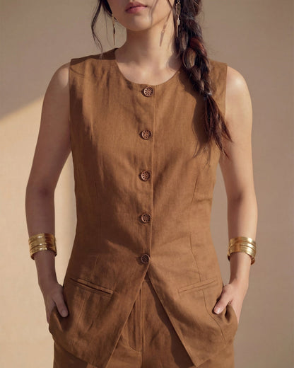 Brown Vest Linen Co-ord Set