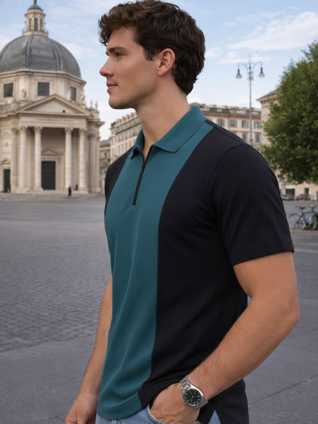 Men Teal Polo Collar Colourblocked Cotton Half Sleeve Zipper T-shirt