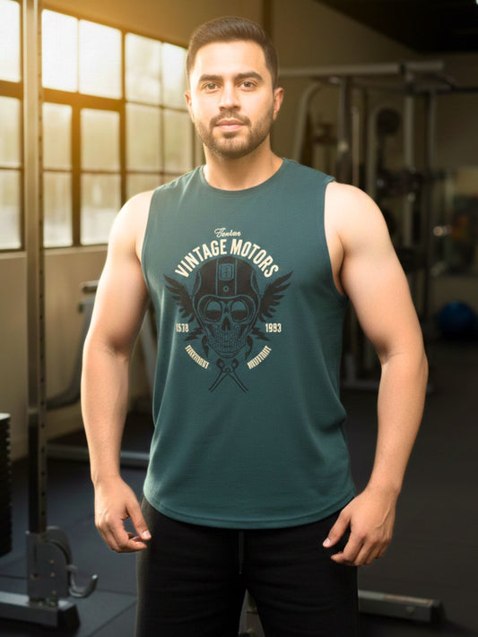 Men Teal Graphic Printed Cotton Sleeveless Running T-Shirt