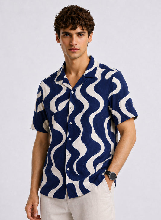 Adro Indigo Wave Relaxed Fit Cuban Collar Cotton Nylon Printed Shirt Indigo White