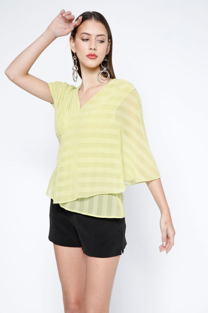 Pleated Stripe Chiffon Layered Top - Sunny Lime
