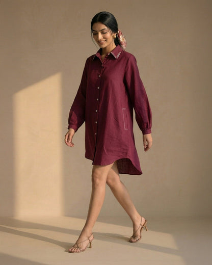 Maroon Linen Shirt Dress