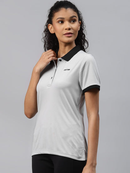 Alcis Women Grey Solid Polo Collar Slim Fit T-shirt