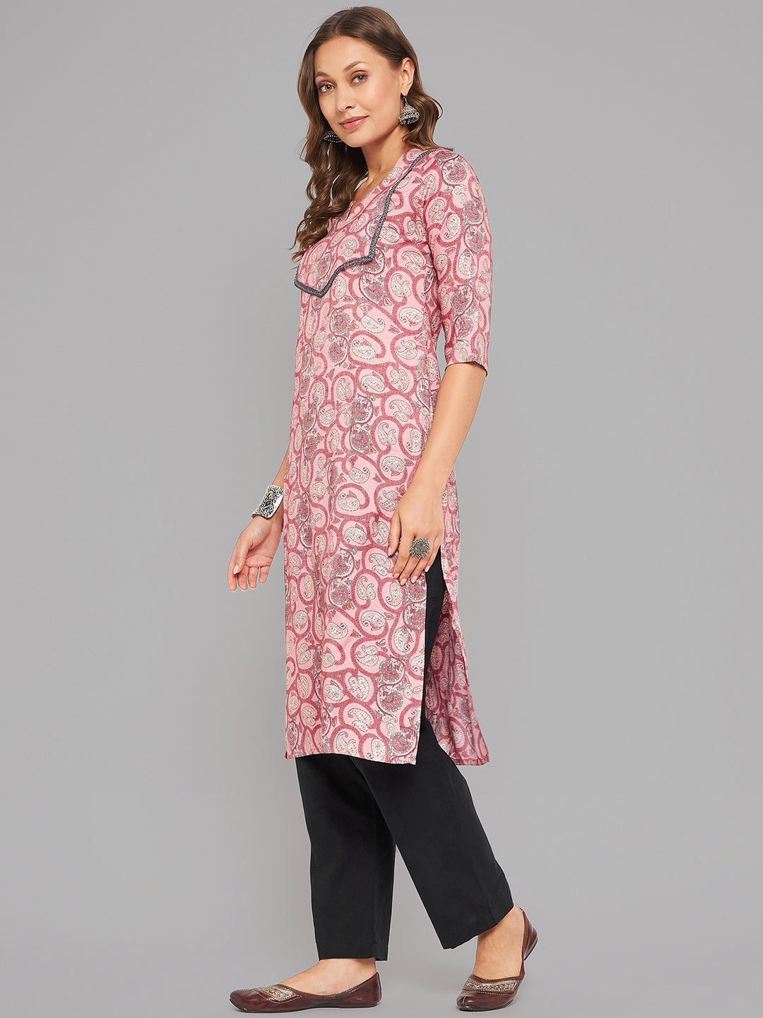 Women Pink Printed Straight Kurta Krya