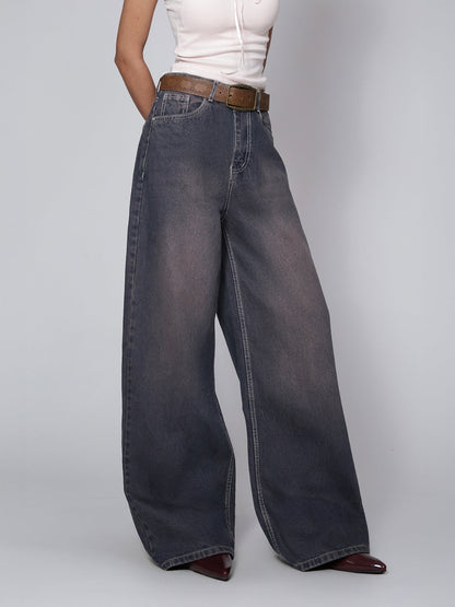 Burnt Blue Washed Wide Leg Jeans