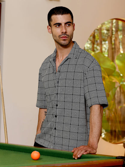 Geometric Print Relaxed Fit Cuban Collar Shirt