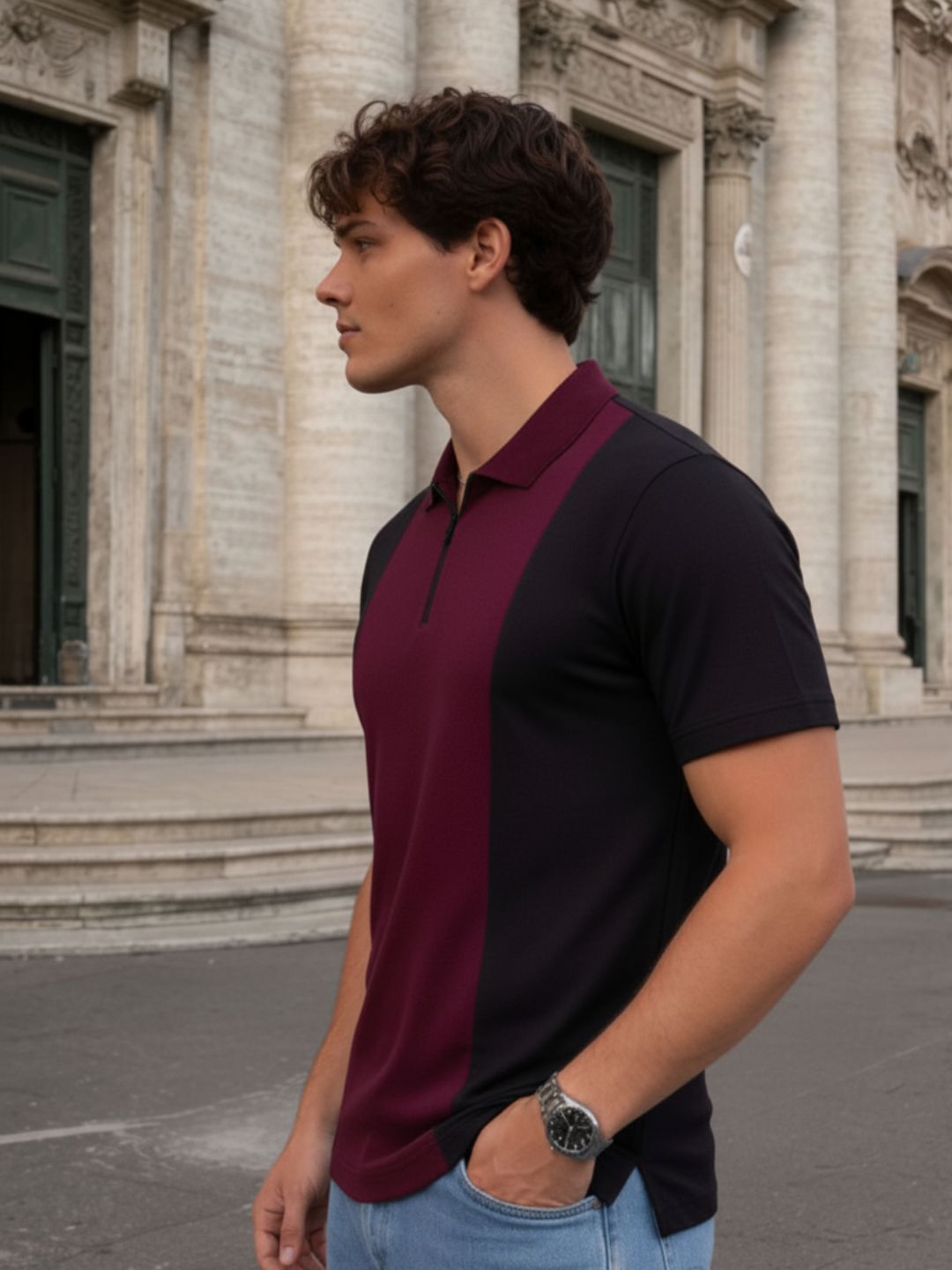 Men Wine Polo Collar Colourblocked Cotton Half Sleeve Zipper T-shirt
