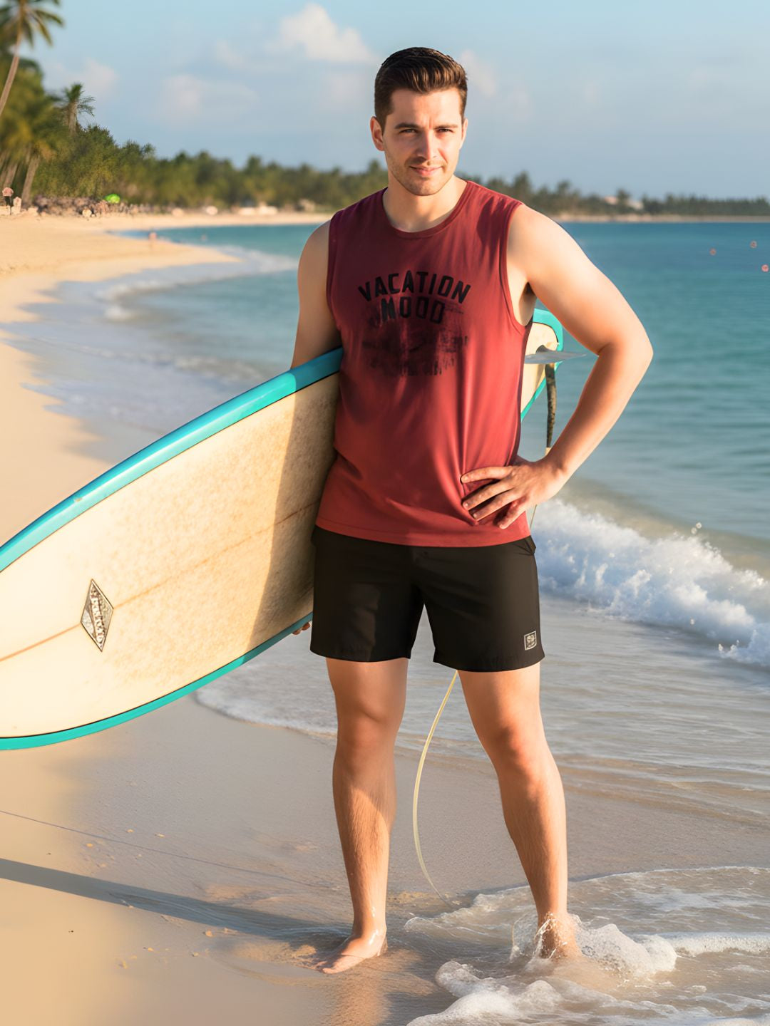 Men Round Neck Maroon Typography Print Sleeveless Cotton T-Shirt