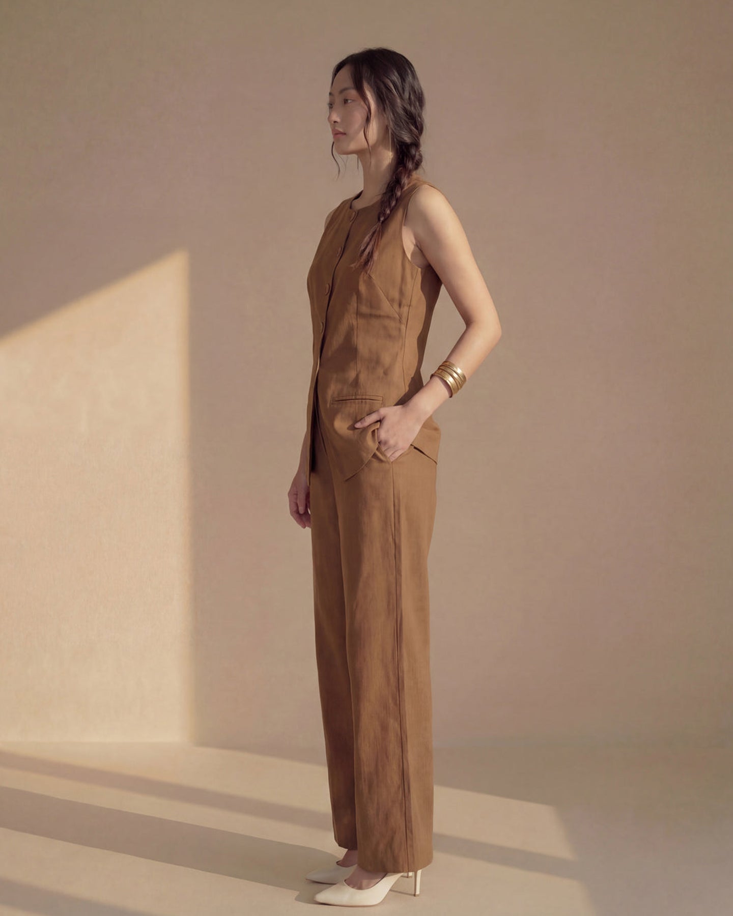 Brown Vest Linen Co-ord Set