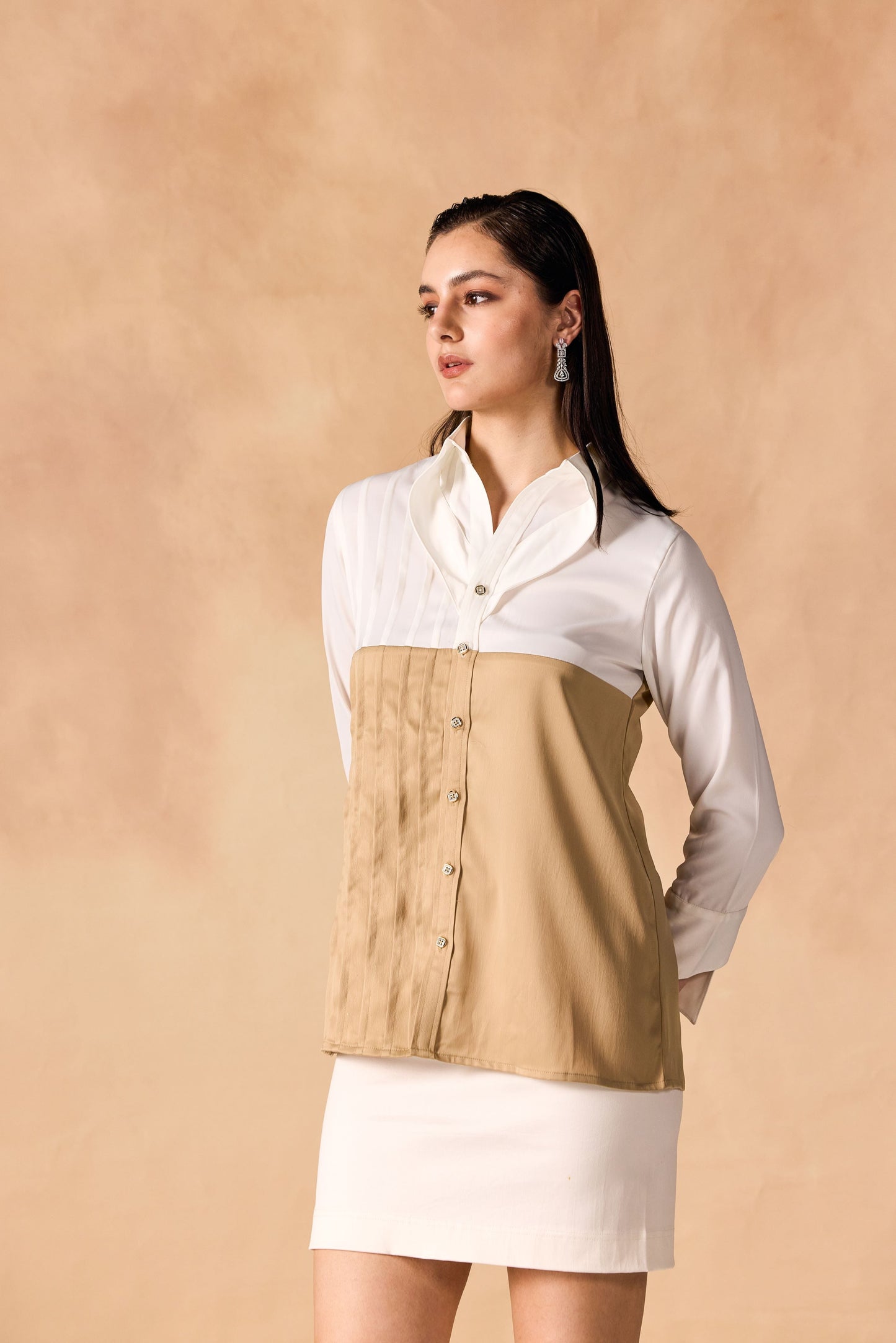 Two Tone Pintuck Pleated Button-up Satin Shirt
